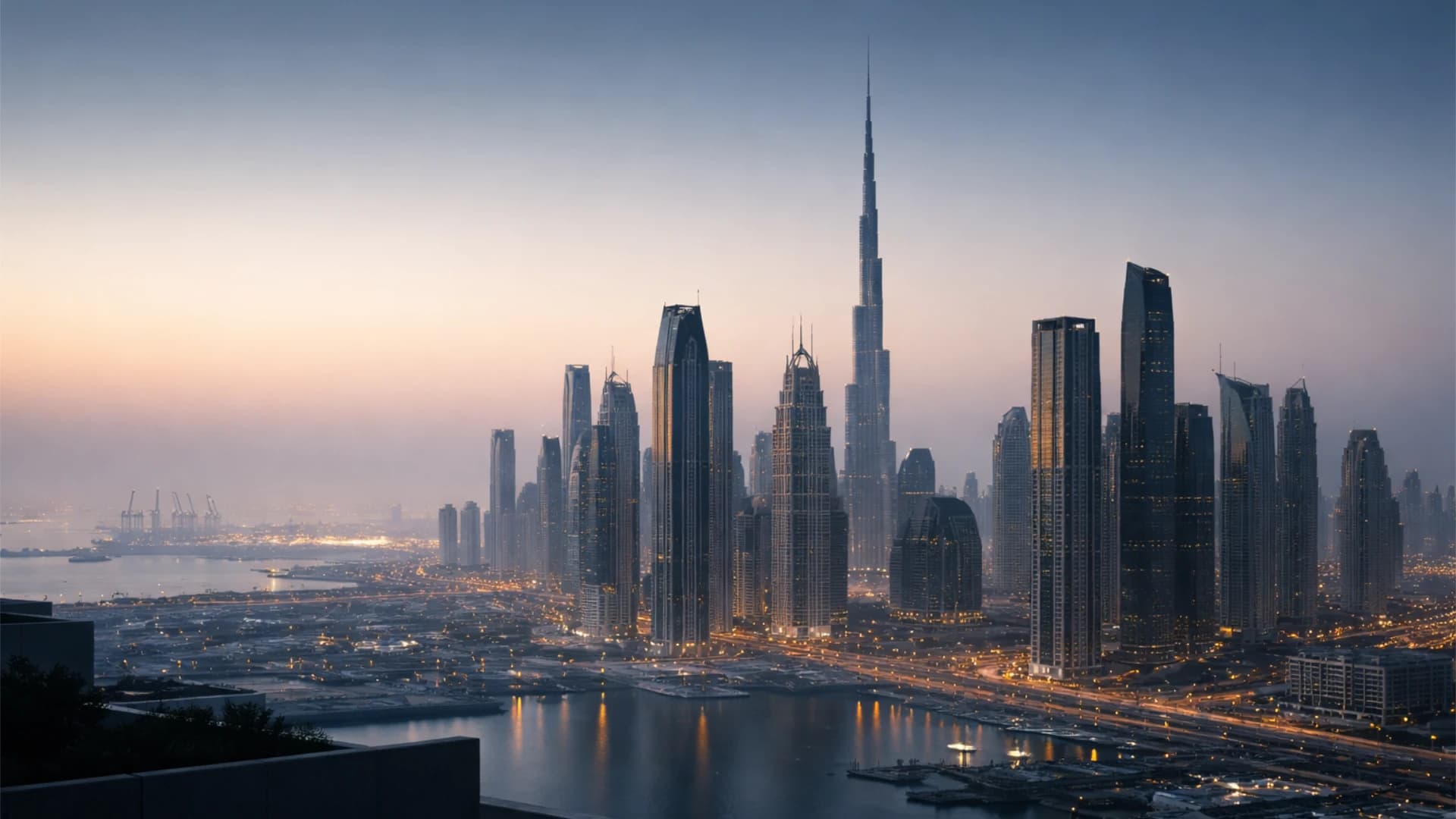 Dubai skyline with the Burj Khalifa at sunset